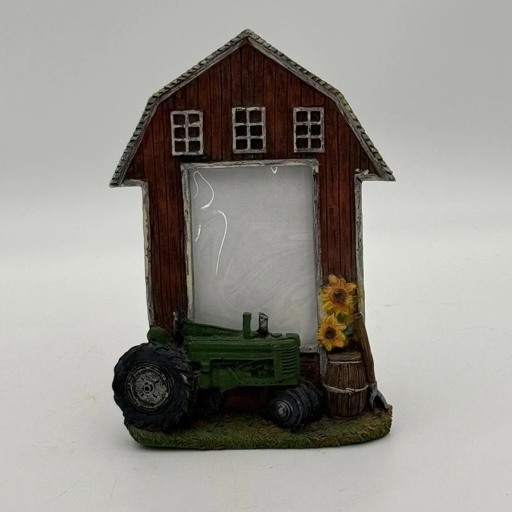 Rustic Farmhouse Barn Picture Frame Green Tractor Sunflowers Resin 2.5x3.5 Photo